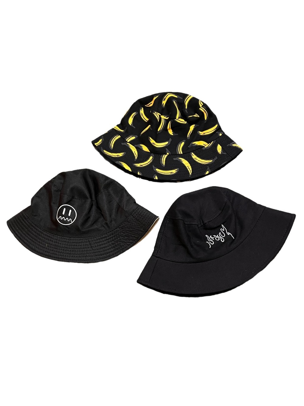 Lot of 3 Bucket Hats- Reversible Two Toned, Banana Print, Flame Print